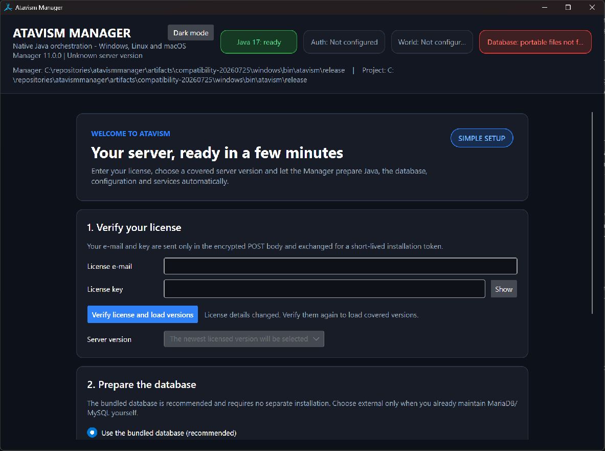 Atavism Manager showing server, license and database setup