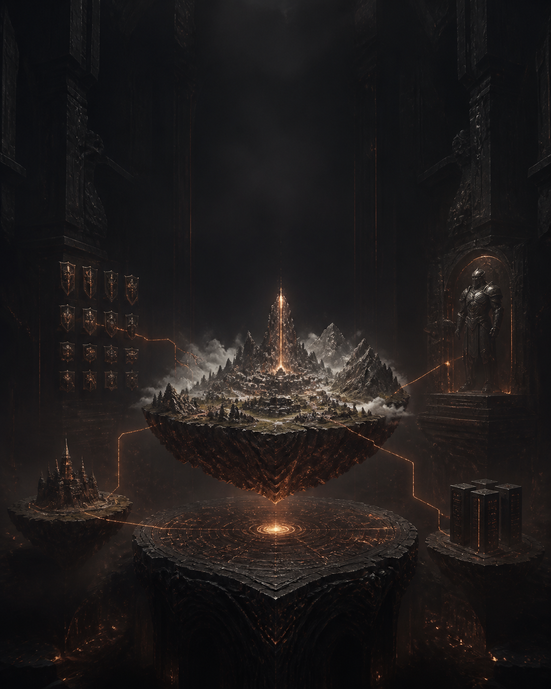 A dark world forge connecting a fantasy landscape, game art and live infrastructure